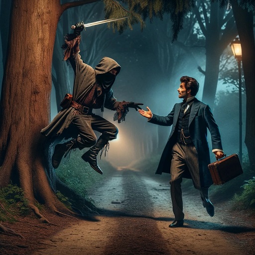 A dramatic scene set in a dimly lit forest with a highway robber leaping from behind a tree