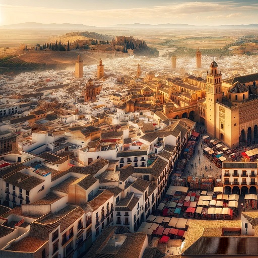 Panoramic of the Alhambra with a gold dinar coin on the top right.