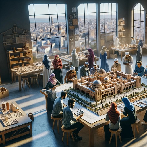 Group of people collaborating around a model of an islamic town.