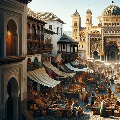 The scene depicts an ancient Islamic market in Al Andalus.