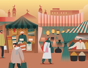 islamic public market with men and women buying and selling