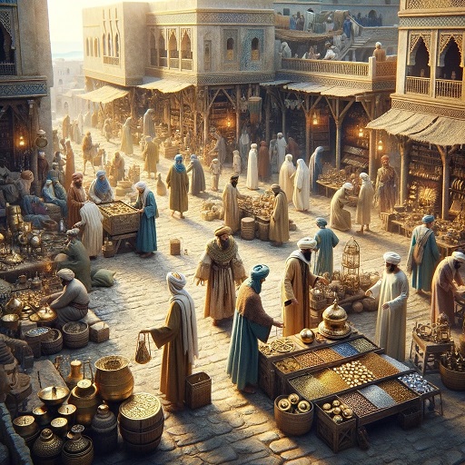 An ancient market scene in Medina, with people engaging in trade and commerce, exchanging goods using gold dinar and silver dirham