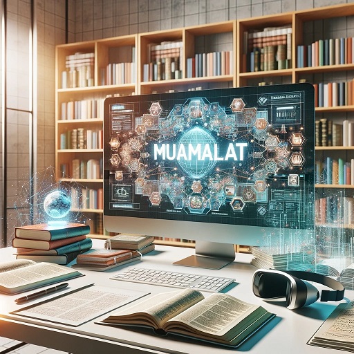 Shows a computer screen with the label Muamalat, book shelves and books on a table