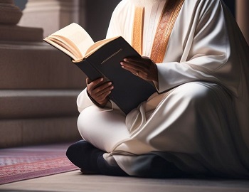 man dressed in islamic clothes reading a book