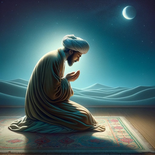 An image of a Sufi praying at night, bowing and with his hands together