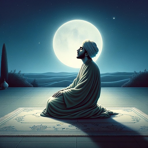 An image of a Sufi praying at night, set in a tranquil and spiritual atmosphere